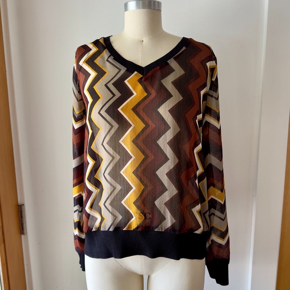 Missoni for Target Sheer Brown Chevron Stripe Print Chiffon Blouse-V Neck-Sz M‎